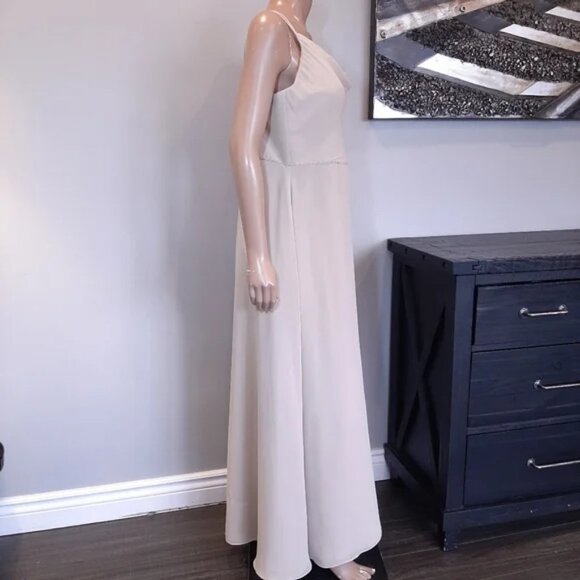 Bella Formals Nude Draped Neck Beaded Waist A-Line Prom Wedding Dress - Picture 9 of 16